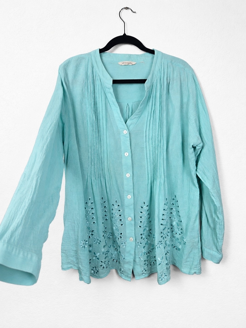 Soft Surroundings Aqua Eyelet Embroidered Button Front Cotton Blouse Tunic XL